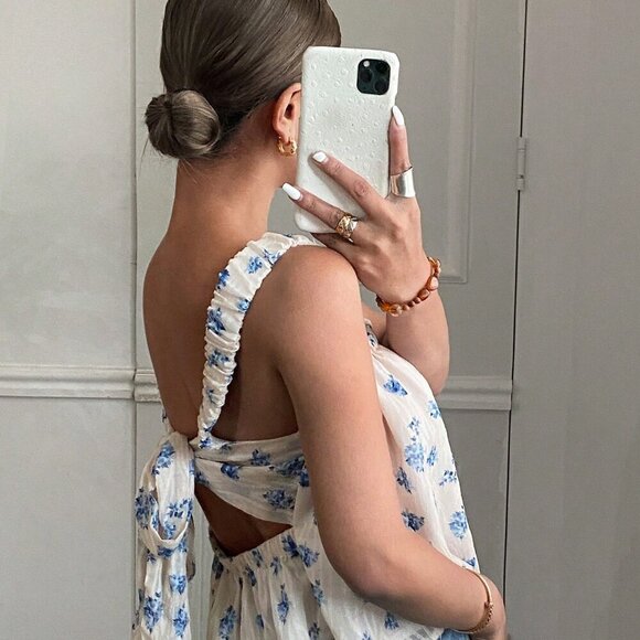 Blue And White Casual Women's Woven Jacquard Ruffle Hem Camisole - Picture 5 of 6